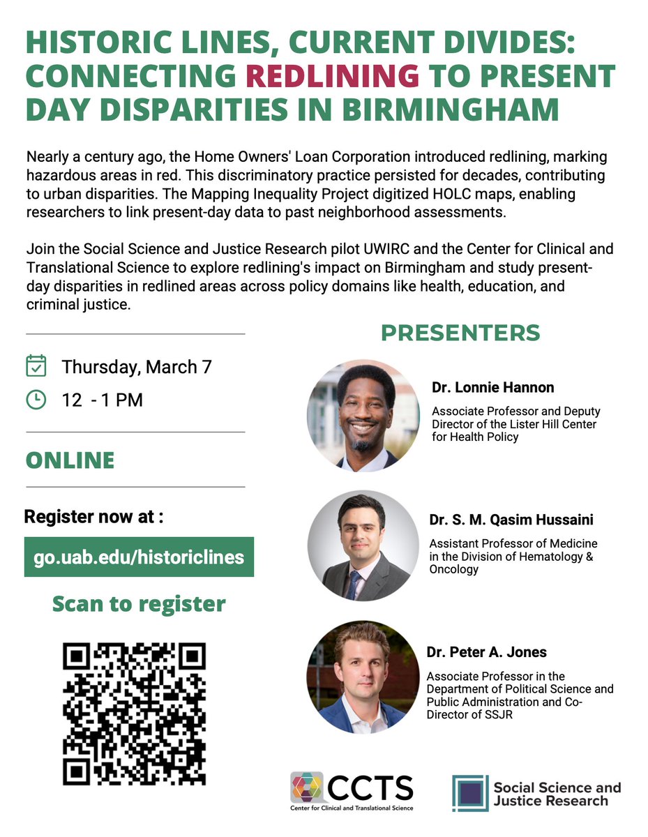 Come join us for this special event. We will cover the legal practice of redlining, the role of the federal government in enforcing this practice, and its impact on current-day healthcare, education and criminal justice. CC: @PeterAJones07 @cctsnetwork @ONealCancerUAB
