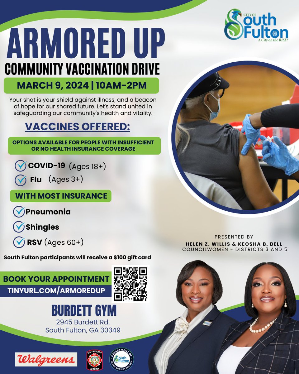 Join us at the "Armored Up" Vaccination Drive on March 9th to get vaccinated against COVID-19, Flu, and more. Secure your spot by clicking the link in the bio. Let's come together to build a healthier and safer community. #cosfga #VaccinationDrive #SouthFultonStrong