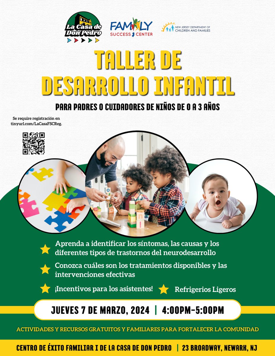 Join us tomorrow, March 7th from 4pm-5pm at our Family Success Center I (23 Broadway) as we discuss developmental disorders in children ages 0-3!

#developmentaldisorders #parentworkshop #familysuccesscenter #familyactivities #lacasadedonpedro
