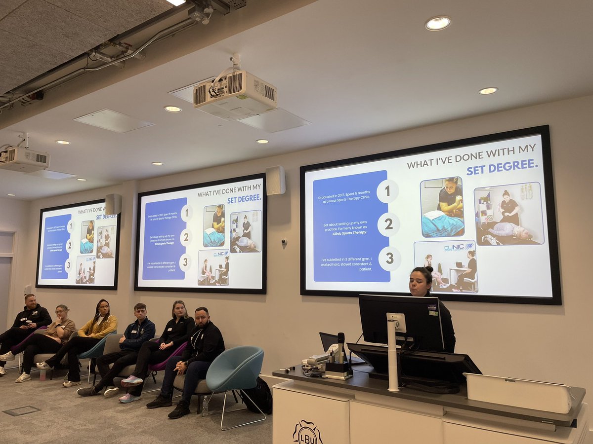 LeedsBeckett_ST's tweet photo. We also had many of our former graduates sharing their amazing &amp; varied career journeys. Thank you Nicola Mawson (The Sports Therapy Clinic - Morley) @A_Scholes, @Rachael75388332 (@peakphysiouk ), Dec Eastwood (@Leedsknights) #ChooseSST #career #sportstherapists https://t.co/fAFylJ2jq3