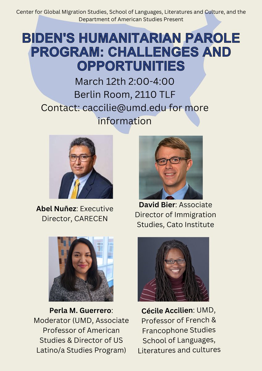 UMD_CGMS's tweet photo. Biden’s Humanitarian Parole Program: Challenges and Opportunities
March 12th: 2-4 p.m.
Berlin Room, 2110 Taliaferro Hall
Zoom Link: https://t.co/KFKJh7osRA
This event will discuss the 2023 Biden Humanitarian Parole program process for Cuba, Haiti, Nicaragua and Venezuela. https://t.co/zpCva4oUSG
