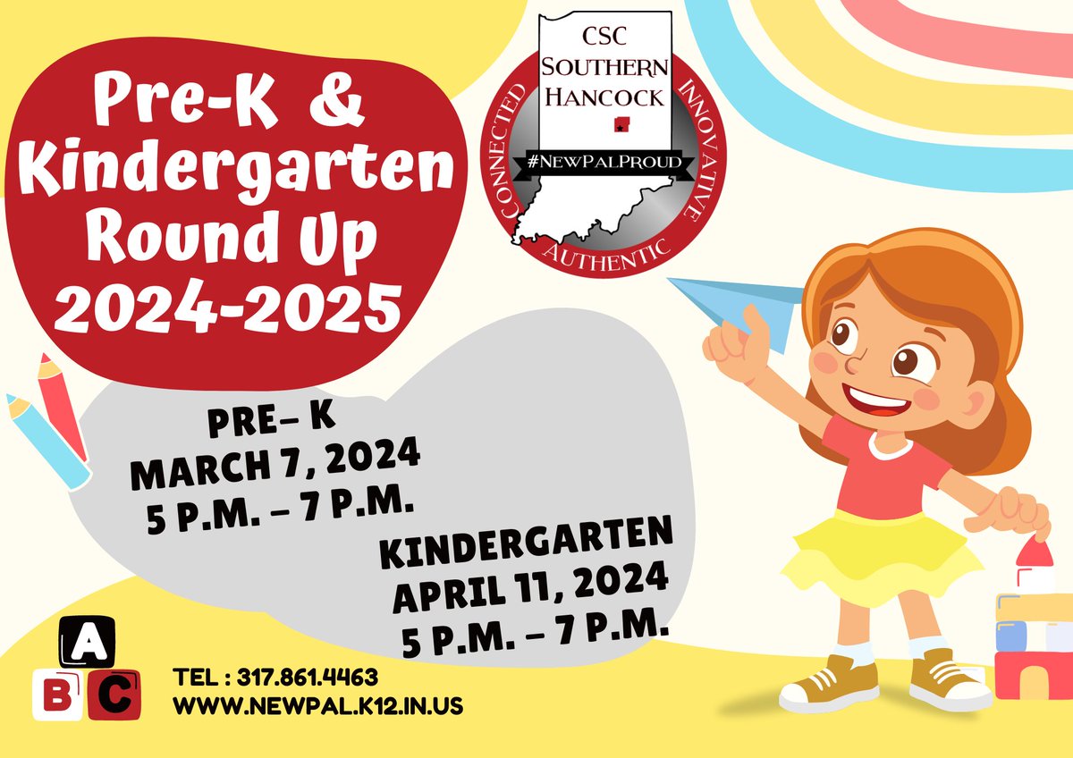 🎉Join us tomorrow!🎉 🎒Pre-K Round Up🎒 🗓️March 7th ⏲️ 5:00 p.m. - 7:00 p.m. 🏫 New Palestine Elementary