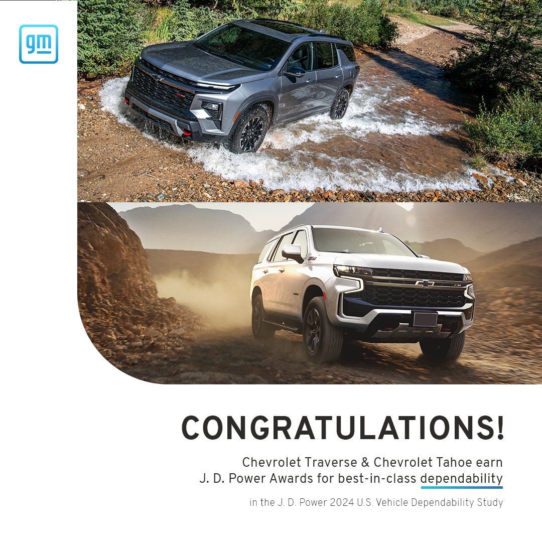 General Motors Manufacturing (@mfg_gm) on Twitter photo Two @Chevrolet SUVs earned best-in-class dependability awards by <a href="/JDPower/">J.D. Power</a>, and we’re proud of those who brought them to life. Arlington Assembly built the #ChevyTahoe (Large SUV) and Lansing Delta Township built the #ChevyTraverse (Midsize SUV). Two @Chevrolet SUVs earned best-in-class dependability awards by <a href="/JDPower/">J.D. Power</a>, and we’re proud of those who brought them to life. Arlington Assembly built the #ChevyTahoe (Large SUV) and Lansing Delta Township built the #ChevyTraverse (Midsize SUV).