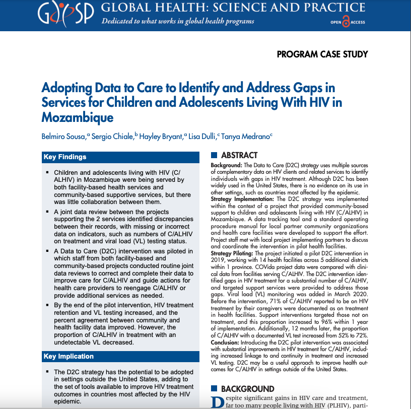 Real-time learning and implementation of the Data to Care strategy within a large HIV intervention program in Mozambique provided an opportunity to evaluate, refine and scale up this approach to improve outcomes for children & adolescents living with HIV. hubs.ly/Q02npmNP0
