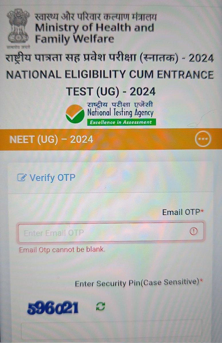 Ees_Khan's tweet photo. @NTA_Exams There Is An Issue In Receiving Confirmation Email OTP For UG NEET 2024 Registration Form, I am Trying To Register Since 1:pm Today But Not Getting The OTP. Kindly Look After The Issue 🙏 https://t.co/KnH7lDn2NZ