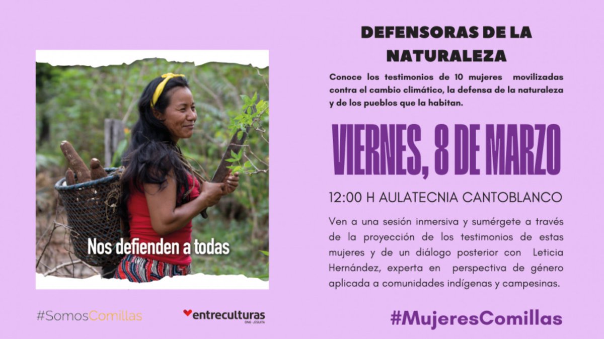 Os compartimos una actividad organizada por Comillas Comunidad y la ONG <a href="/Entreculturas/">Entreculturas</a>. Se proyectarán los testimonios de mujeres movilizadas por el cambio climático.
Este viernes 8 de marzo en el Aulatecnia de Cantoblanco a las 12:00h. ¡Os esperamos!
<a href="/UCOMILLAS/">Universidad Pontificia Comillas</a> <a href="/ComillasCHS/">ComillasCHS</a>