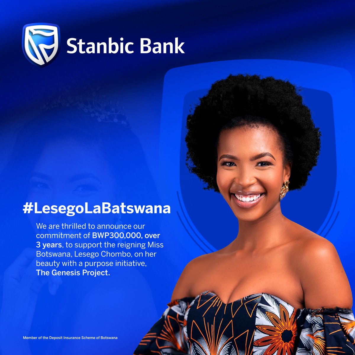 We are thrilled to announce our commitment of BWP300,000, over 3 years, to support the reigning Miss Botswana, Lesego Chombo, on her beauty with a purpose initiative, The Genesis Project. 

#LesegoLaBatswana #StanbicBank