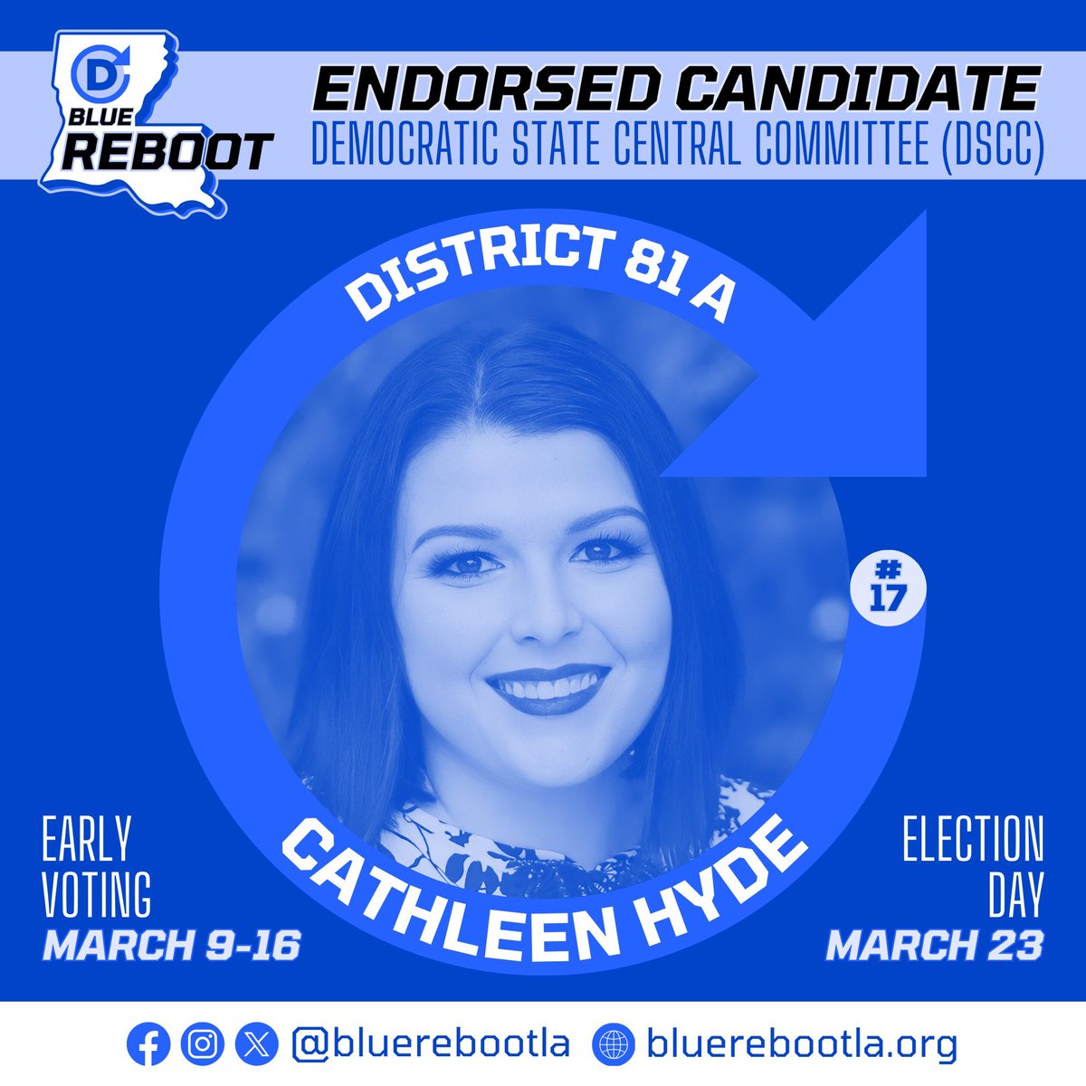 District 8️⃣1️⃣🅰️ — VOTE Cathleen Hyde (@cathleen_hyde81) for DSCC so we can give our state Democratic party a reboot! #bluerebootla #livingston #ascension #stjames