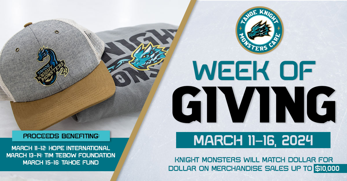 Our Week of Giving starts on Monday, March 11, where we will be matching dollar for dollar on merchandise sales up to $10,000! Proceeds will benefit <a href="/HOPEtweets/">HOPE International</a>, <a href="/tebowfoundation/">Tim Tebow Foundation</a>, and <a href="/tahoefund/">TahoeFund.org</a>.
-
More Info ➡️  knightmonstershockey.com/tkmcare