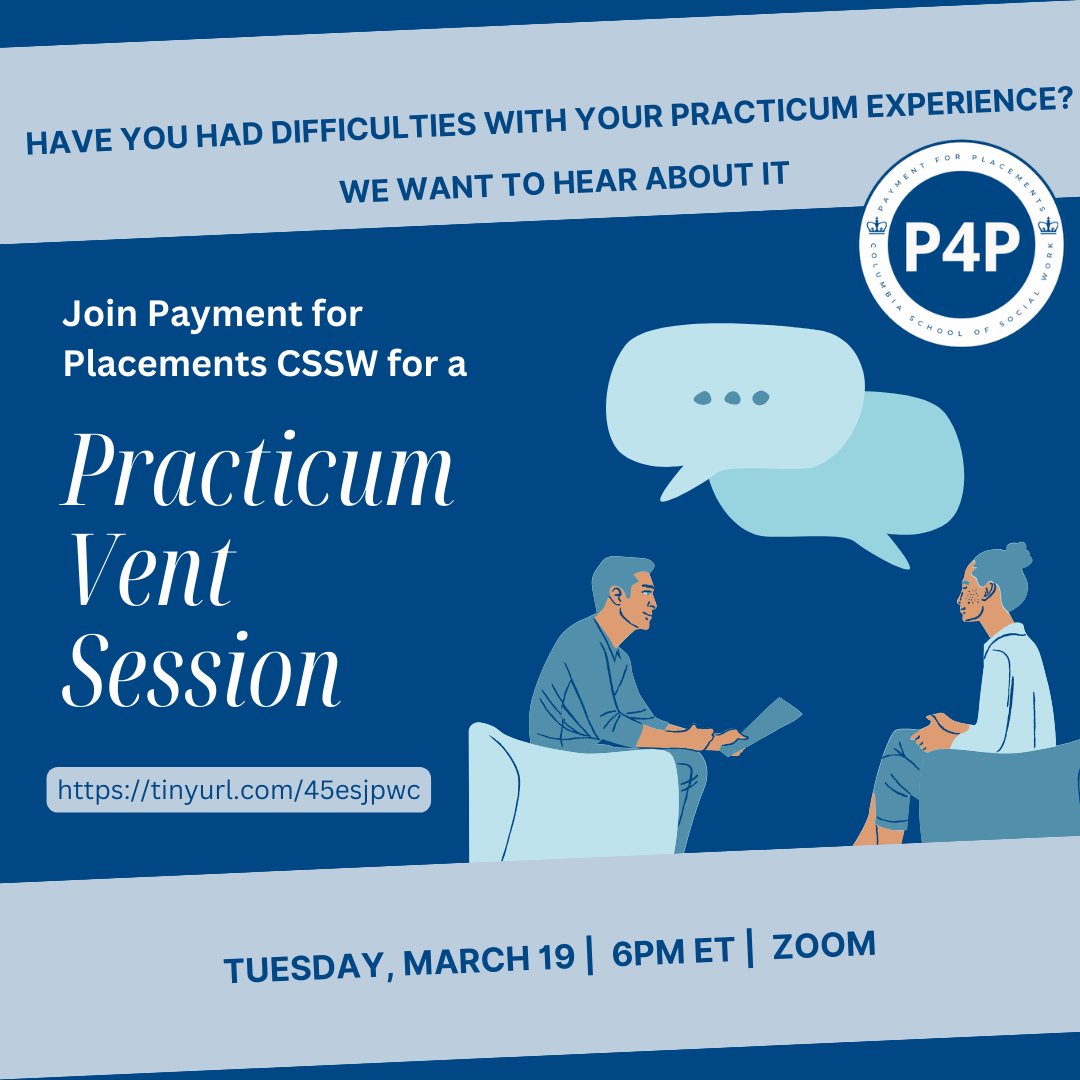 We know practicum experiences aren’t always what we expect or hope for. Come vent about it with us! We’ll hold space to listen and support each other virtually 03/19 at 6PM ET on Zoom. Can’t wait to see you there!! #P4P #PaymentforPlacements