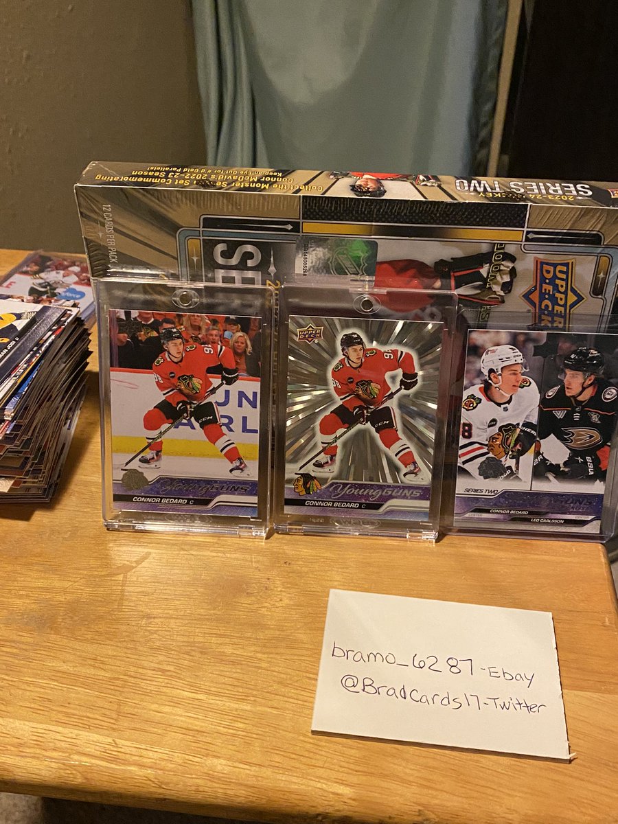 BradCards17's tweet image. Bought 2 hobby and 3 blaster of 2023-24 Series 2. Bedard/Carlsson YG checklist out of the blasters. 

🔥🔥🔥🔥🔥

Bedard Young Guns and Young Guns Outburst out of the same hobby box!! Still have one box left to rip! #YoungGuns #Outburst #Bedard #UpperDeckSeries2