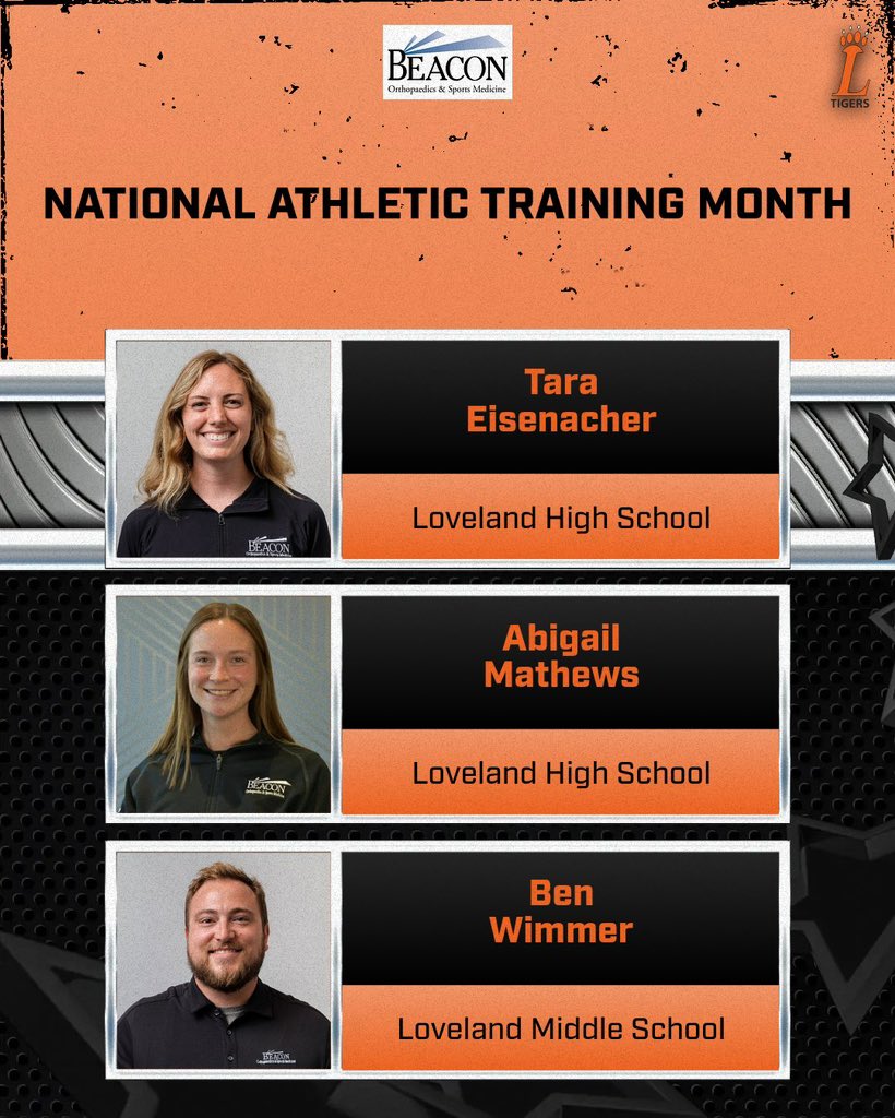 National Athletic Training Month! Thank you to our 3 full time Athletic Trainers Tara, Abigail, and Ben for all they do for our Loveland Student Athletes‼️   @LovelandTigerAD