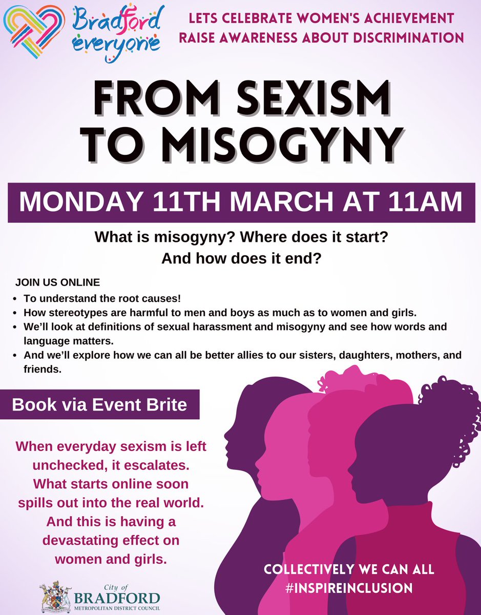Join us for a online workshop focused on Misogyny and Sexism for International Women's Day 2024. Discuss about stereotypes and how they can be harmful to all. Free via Eventbrite - eventbrite.co.uk/.../from-sexis…...
#BradfordforEveryone #Strongercommunities #InternationalWomensDay2024