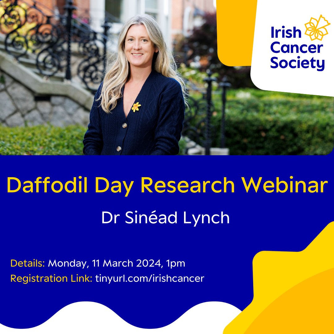 Irish Cancer Society (@irishcancersoc) on Twitter photo In honour of Daffodil Day we're hosting a special research webinar with senior counselling psychologist and Irish Cancer Society funded-researcher Dr Sinéad Lynch! 💛
Register via: tinyurl.com/irishcancer
If you have any questions, please contact researchadmin@irishcancer.ie In honour of Daffodil Day we're hosting a special research webinar with senior counselling psychologist and Irish Cancer Society funded-researcher Dr Sinéad Lynch! 💛
Register via: tinyurl.com/irishcancer
If you have any questions, please contact researchadmin@irishcancer.ie