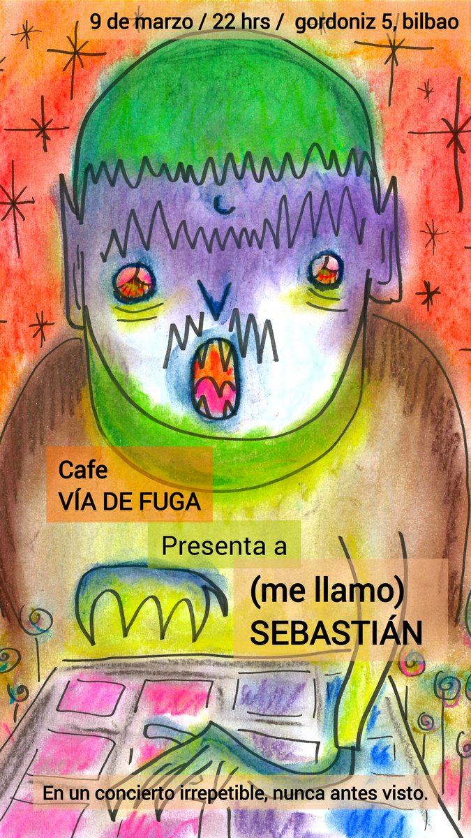 Ven a mi concierto
En Billbao 
ESTE SÁBADO.
CONCÉDEME EL DESEO
de lo sagrado.
Habrá amor,
Música y tecnología.
Listo para cantar
Entre la masa,
Vacía.
Espera que se ha acabado.
Espero que llegue alguien.
Espero sacar canciones 
Espíritus en la Ría,
Este sábado aquí en Bilbao.