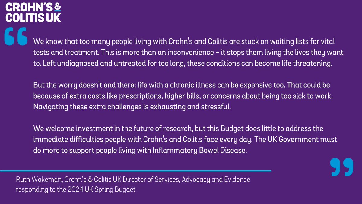 Today the Chancellor delivered the UK Government Spring Budget, sadly it doesn't deliver for people with Crohn's and Colitis. (1/5)