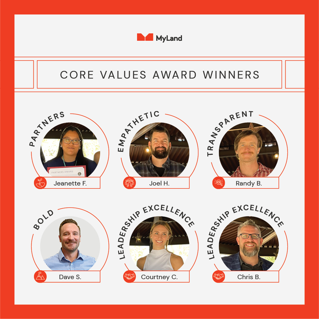 Congratulations to the 2024 winners of MyLand's Core Value Awards! These awards honor individuals who embody our values of partnership, transparency, empathy, and bold action. We're so proud of this year's winners and our team's remarkable talent. #TeamMyLand