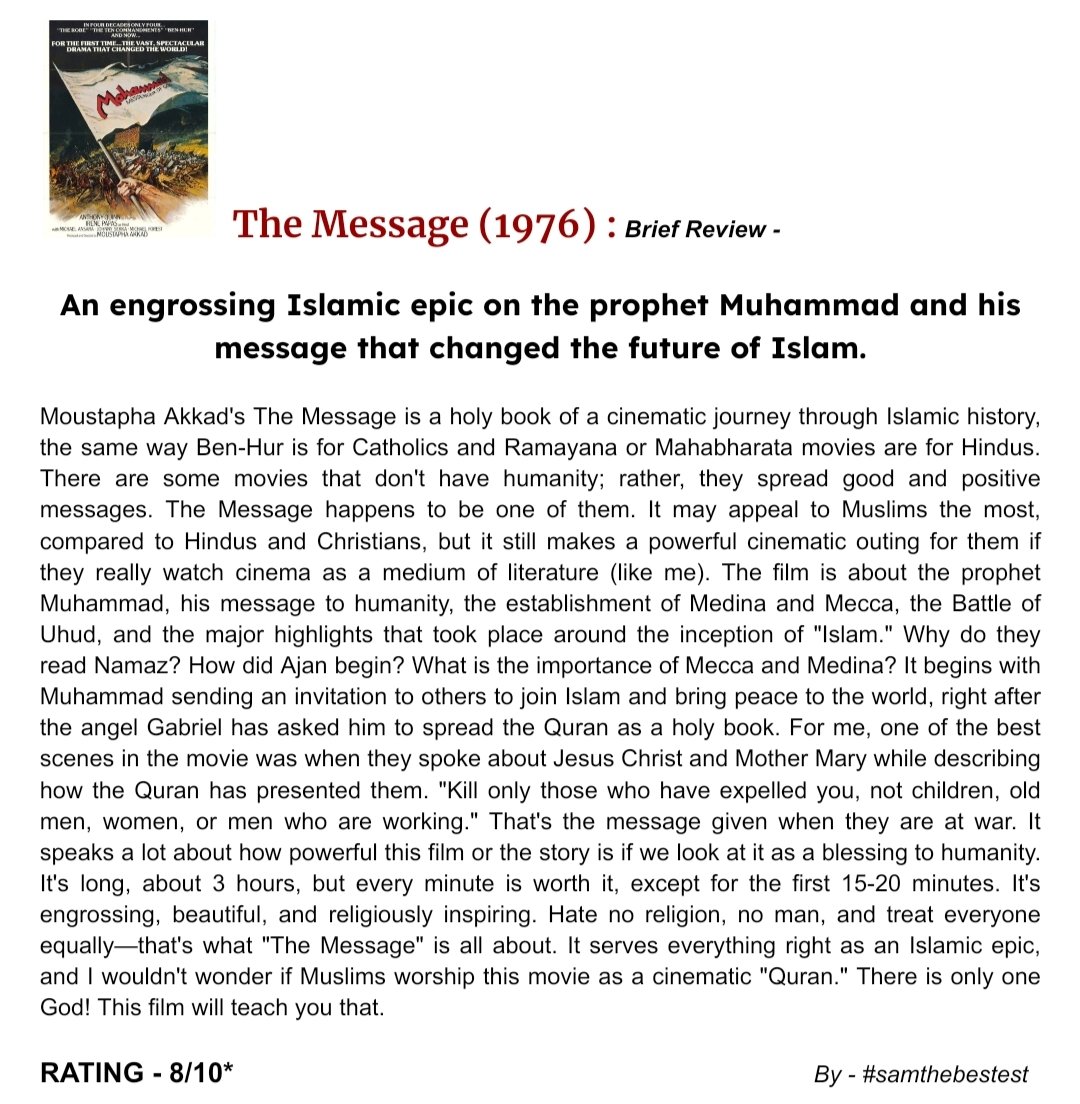 SAMTHEBESTEST_'s tweet photo. Watched #TheMessage (1976) :
An engrossing Islamic epic on the prophet Muhammad and his message that changed the future of Islam.
RATING - 8/10*
#MoustaphaAkkad #AnthonyQuinn #IrenePapas #MichaelAnsara #JohnnySekka #GarrickHagon #MichaelForest #DamienThomas #muhammad #hamza https://t.co/iFgCyRVXeL