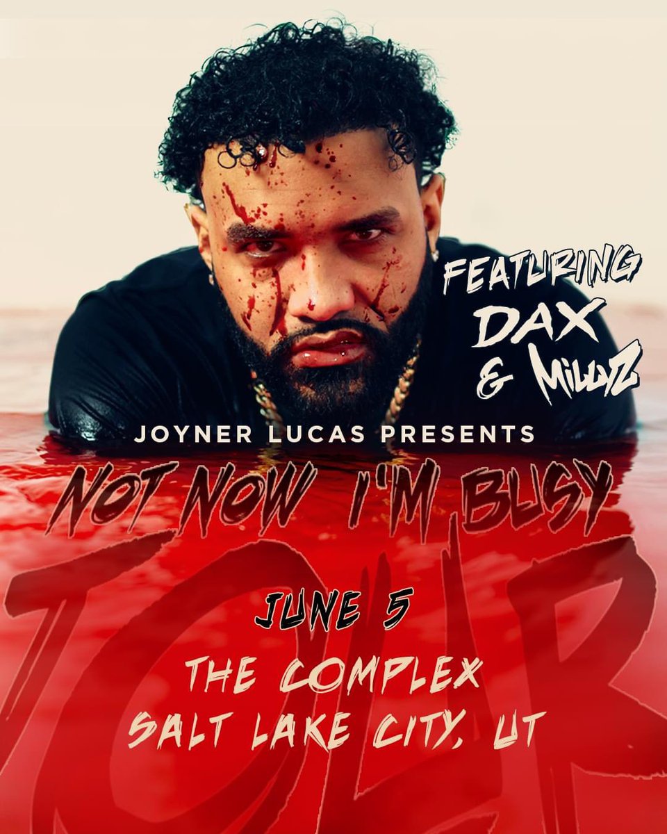 SelectSoundENT's tweet image. Just in! Joyner Lucas brings his Not Now I’m Busy Tour to The Complex on 6/5 feat DAX and MILLYZ!! VIP packages go on sale Thursday at 10am with GA tickets going on sale Friday at 10am: thecomplexslc.com/event-2479.htm