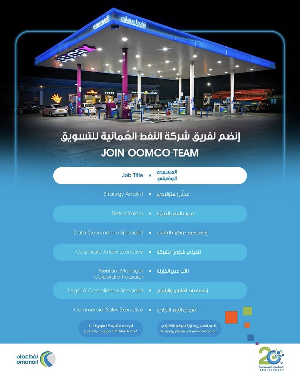 masar_dev's tweet photo. شركة النفط العمانية للتسويق تعلن عن توفر لديها بعض الوظائف الشاغرة والموضحة في مرفق الاعلان.لمعرفة التفاصيل والتسجيل عبر الرابط التالي https://t.co/rnQxBoLt9F::::::
اخر موعد للتقديم ١٣ مارس ٢٠٢٤ https://t.co/OGpOrR8iCG