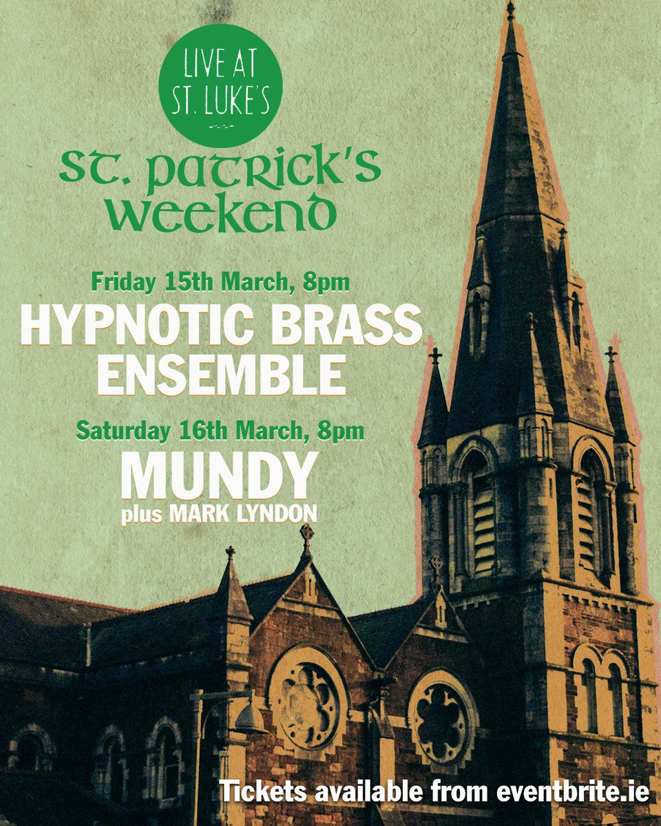 Big things happening at Live At St. Luke’s next weekend! Friday 15th March, 8pm @hypnoticbrass are in the house 🙏 Saturday 16th March, 8pm @mundyirl comes through for the first time ☝️ Tickets available now from eventbrite.ie | 🔗 links in our bio