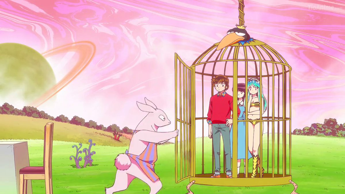 Ataru, Lum y Shinobu en una jaula 🐰Inaba colgado patas para arriba Los conejos 🐇 en modo no-cumpleaños de Alicia en el país de las maravillas 🫖☕️ Griterío de Atalum Los sacan de la jaula #UruseiYatsuraAllstars #UruseiYatsura