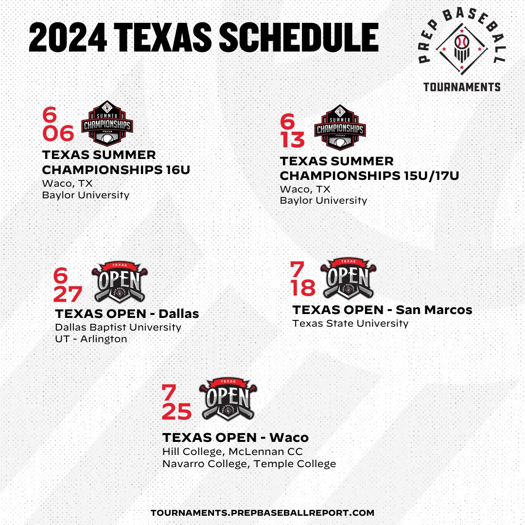 Spots still remain in select 2024 Texas tournaments! Be sure to check out available events in Waco, Dallas, and San Marcos for this upcoming Summer. Request an invite/register in the link below!👇 tournaments.prepbaseballreport.com/?month=&name=&…