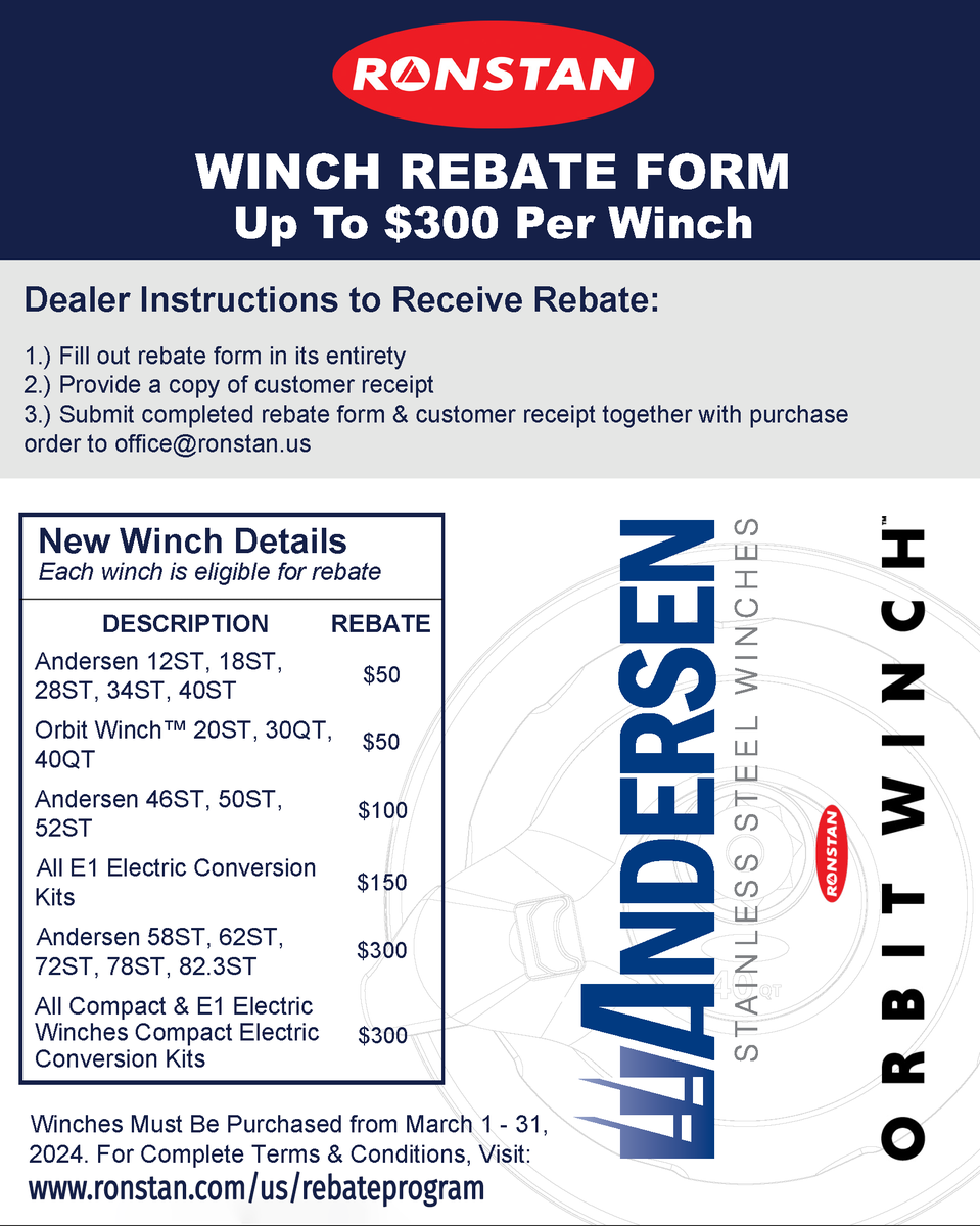 CWRDistribution's tweet image. For the month of March, all Andersen winch products and Ronstan Orbit Winches are eligible for an instant rebate of up to $300. Check out the eligible products at CWR today! cwr.link/bGDZjUt

#cwr #distributor #ronstan #andersenwinches #sailboat #sailing #sailinghardware