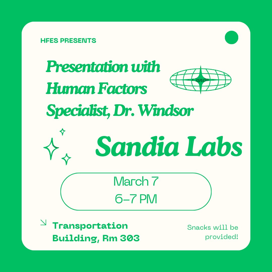 HFES_Illini's tweet photo. Please join us tomorrow as we hear from Dr. Windsor from Sandia Labs! Dr. Windsor will discuss the job responsibilities and projects involved in working within the field of Human Factors. T-shirts will be available for student chapter members. https://t.co/6xYWcNBPRi