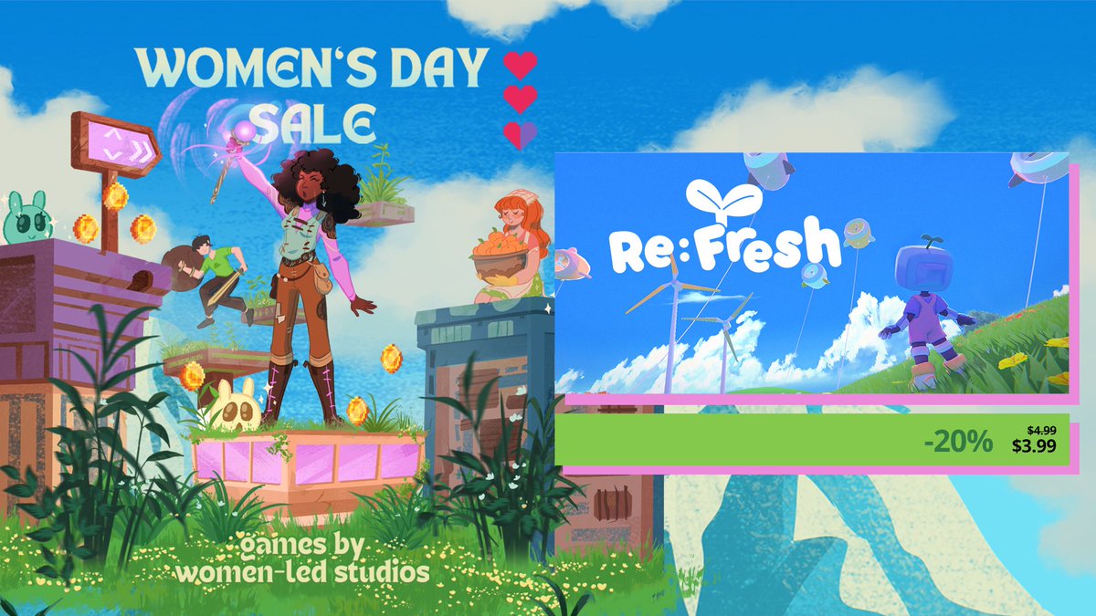 Women’s Day Sale Reminder 🙋‍♀️

Re:Fresh is STILL 20% off on Steam until 3/10 - if you’ve been wanting to play a new cozy game, now’s the perfect time!!

Awesome sale led by <a href="/wingsfundme/">WINGS</a> and <a href="/womenledgames/">Women-Led Games</a> 🙌 Go check it out!

#games #gamedev #indiegame