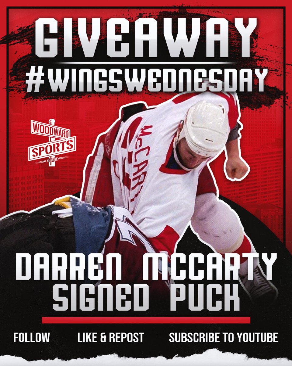 woodwardsports's tweet photo. Woodward Sports Network is giving away a SIGNED Darren McCarty hockey puck! 

To enter to win this Darren McCarty puck the steps are simple

- FOLLOW @woodwardsports
- LIKE & REPOST This Post
- SUBSCRIBE to the Woodward Sports YouTube page: https://t.co/TuLVPdJ2t1
-COMMENT #WingsWednesday when done!

Winner will be announced on Big D Energy from 11AM - 1PM TOMORROW!