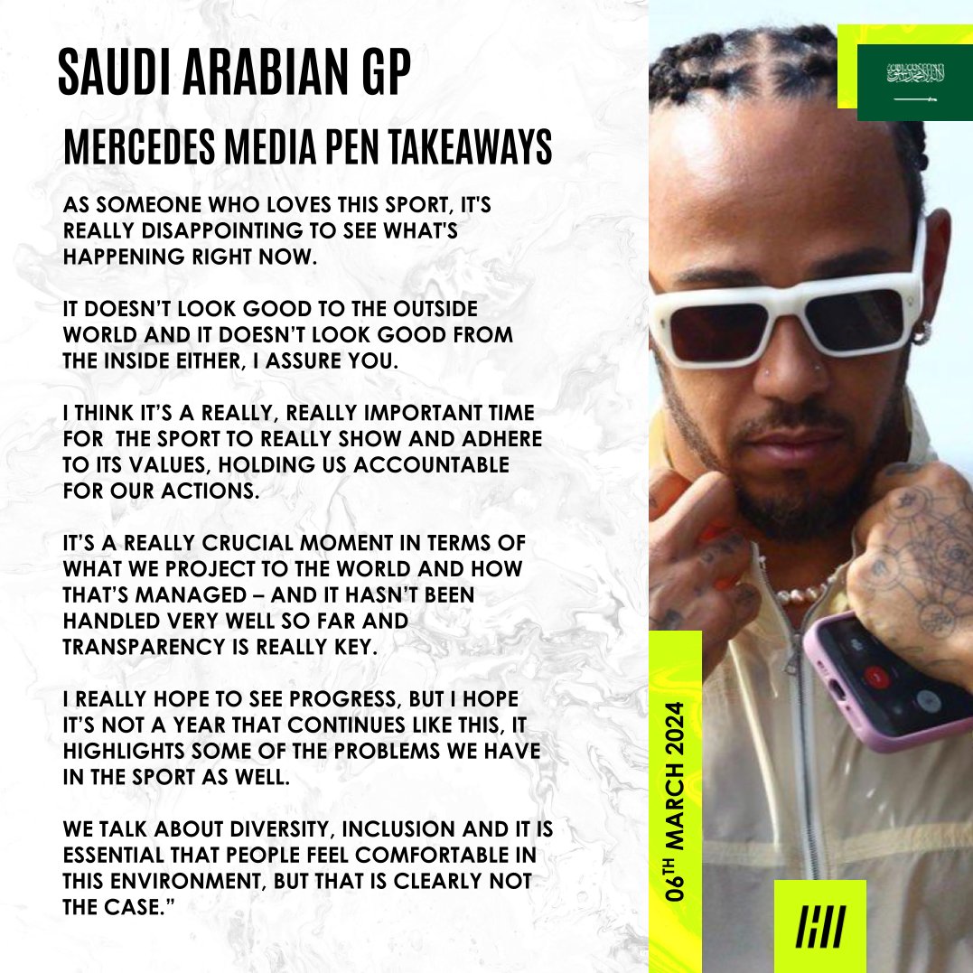 🚨LEWIS HAMILTON CALLED OUT THE WAY THE SPORT IS HANDLING THE HORNER CASE!! #SaudiArabianGP 🇸🇦