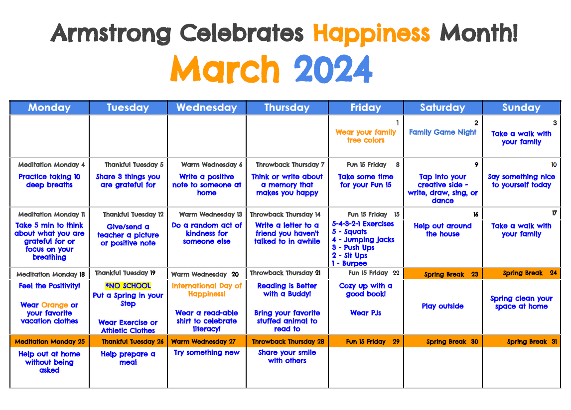 D54Armstrong's tweet photo. We are excited for the activities we have planned each day to practice the five habits that have a positive impact on our happiness: acts of kindness, gratitude, exercise, meditation, and journaling about happy moments in our lives.  Here is a copy of our Happiness Calendar! https://t.co/TrLMIj3diW