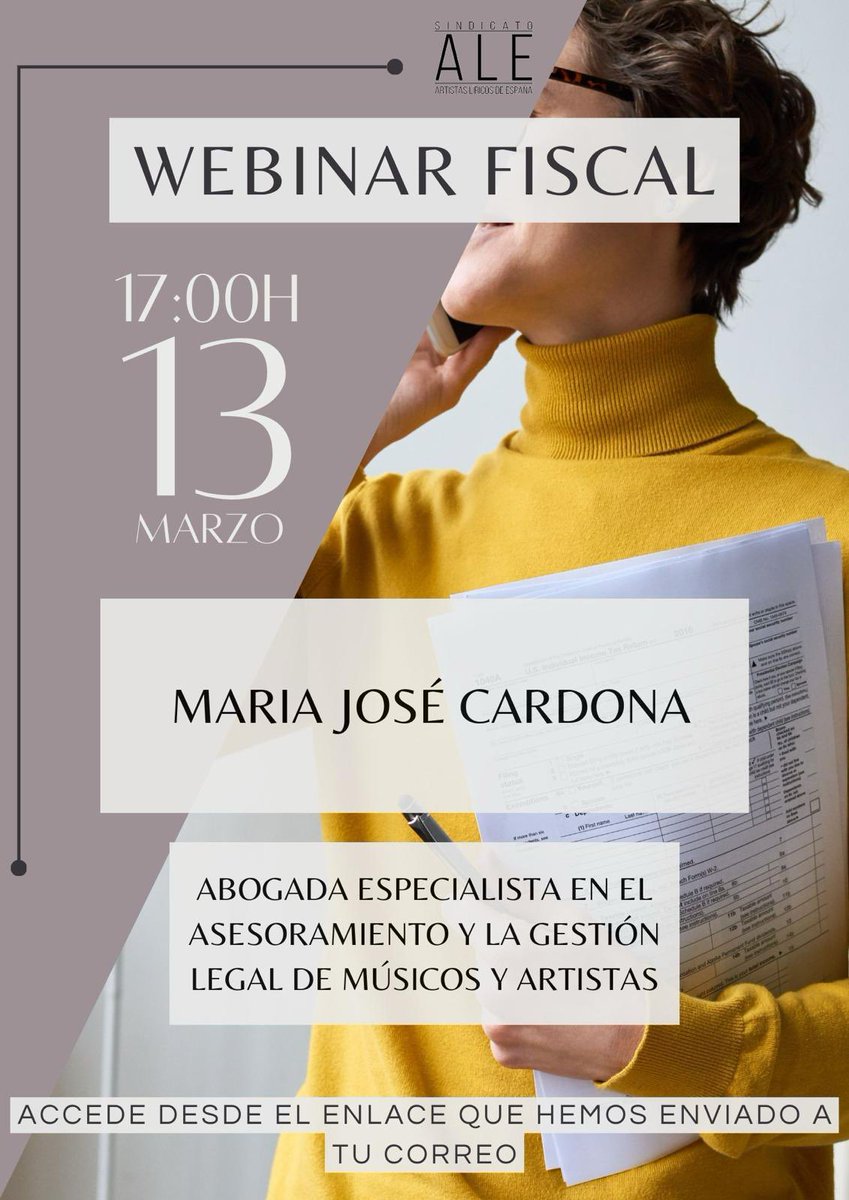 ALEsindicato's tweet photo. No os perdáis nuestra próxima #webinar @aLeSindicato sobre temática #fiscal.
Por M.J. Cardona, abogada especialista en temas de asesoramiento y gestión legal a músicos/artistas. 
🗓️ Miércoles 13 de marzo
🕔 17:00
ℹ️ Acceder al enlace enviado a vuestro correo como miembros de ALE. https://t.co/xtq8We8stp