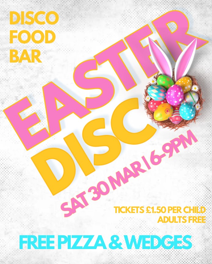 Easter Disco...Sat 30 March 6pm - 9pm 

Tickets £1.50 per child/adults free.  Pizza and wedges included!

More info and tickets hamsteelscommunitycentre.org.uk/easter-disco-3…