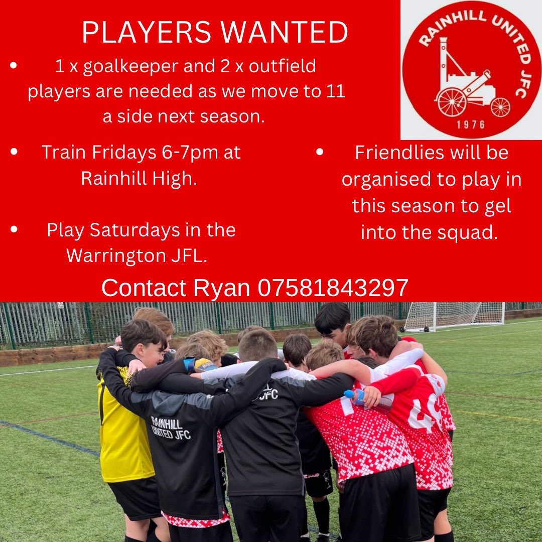 ⚽️ We need new additions to join our current U12 Reds squad as we make the move up to 11 a side next season. 

⚽️ We need a keeper, left sided defender and a midfielder for next season. 

⚽️ Train every Friday 6-7pm. 

⚽️ Play every Saturday in the Warrington JFL.
