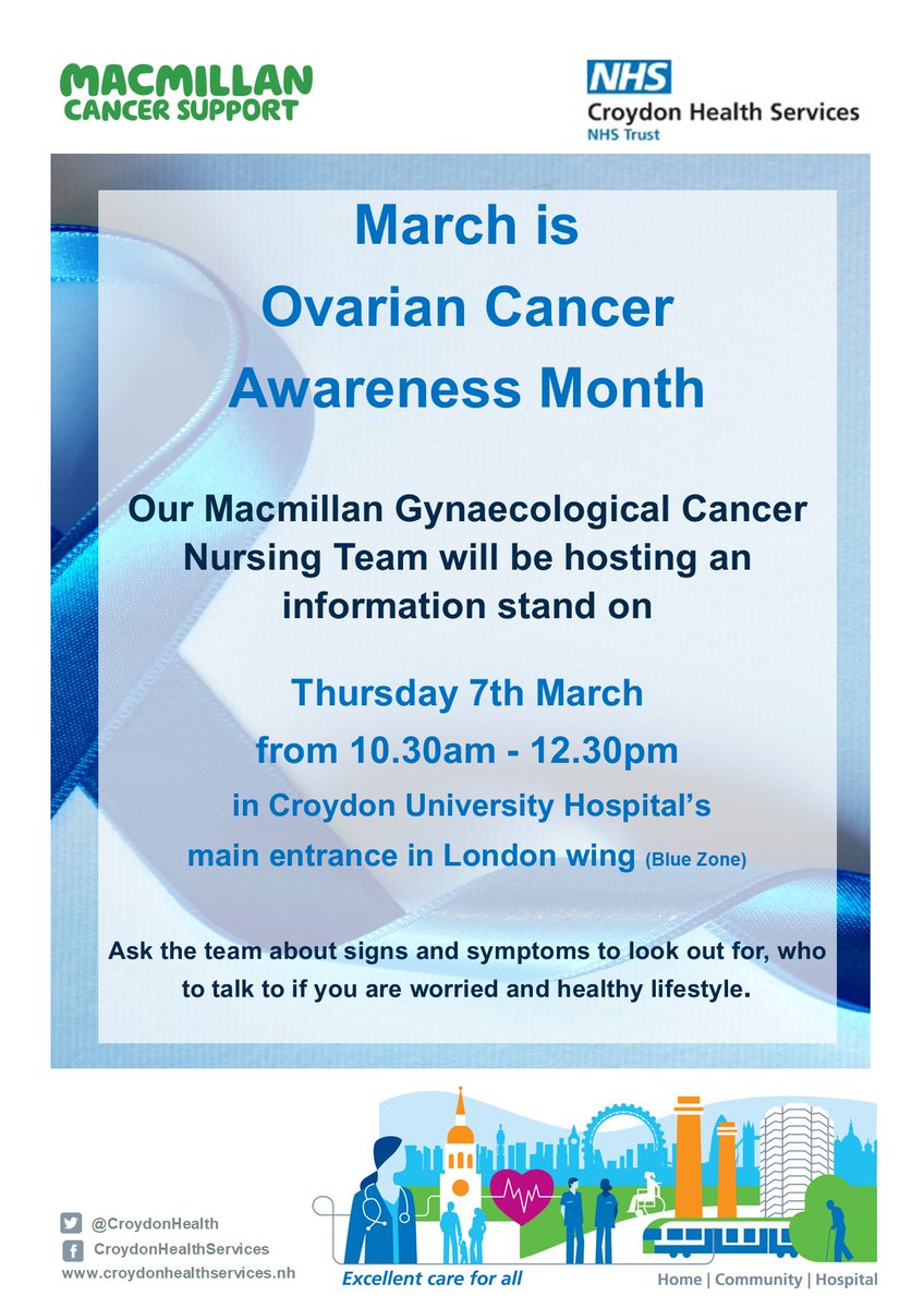 Tomorrow come and chat to @croydonhealth #Gyneacologicalcancer nursing team who will be marking #OvarianCancerAwarenessMonth with an information stand #KnowYourSignsandSymptoms #EarlyDiagnosisSavesLives #TalktoYourGP