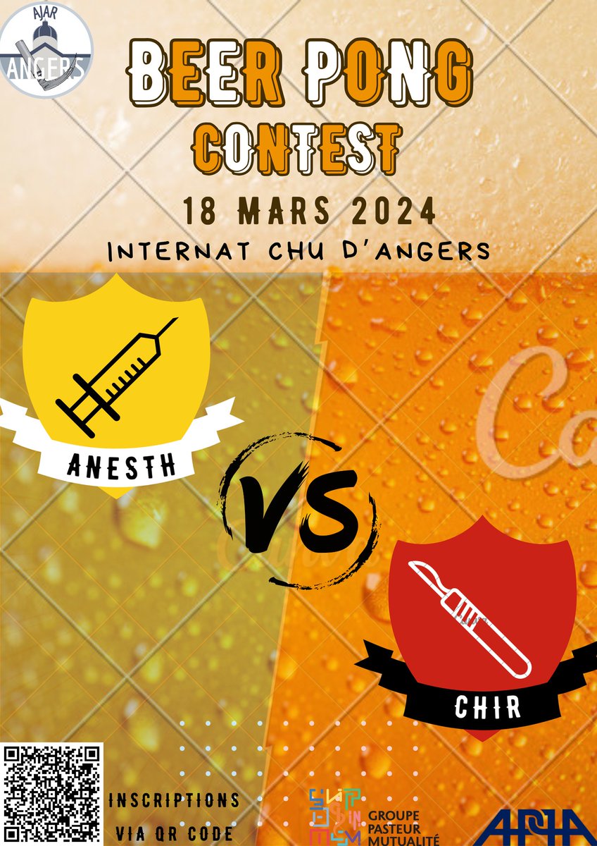 AJAR Angers (@ajarangers) on Twitter photo Soirée bière-pong Anesth 💉❤️ vs. Chir 🔪🩸 le 18 mars 2024 à l'internat ! 🍻
⚠️Evènement sur inscription uniquement : docs.google.com/forms/d/e/1FAI… Soirée bière-pong Anesth 💉❤️ vs. Chir 🔪🩸 le 18 mars 2024 à l'internat ! 🍻
⚠️Evènement sur inscription uniquement : docs.google.com/forms/d/e/1FAI…