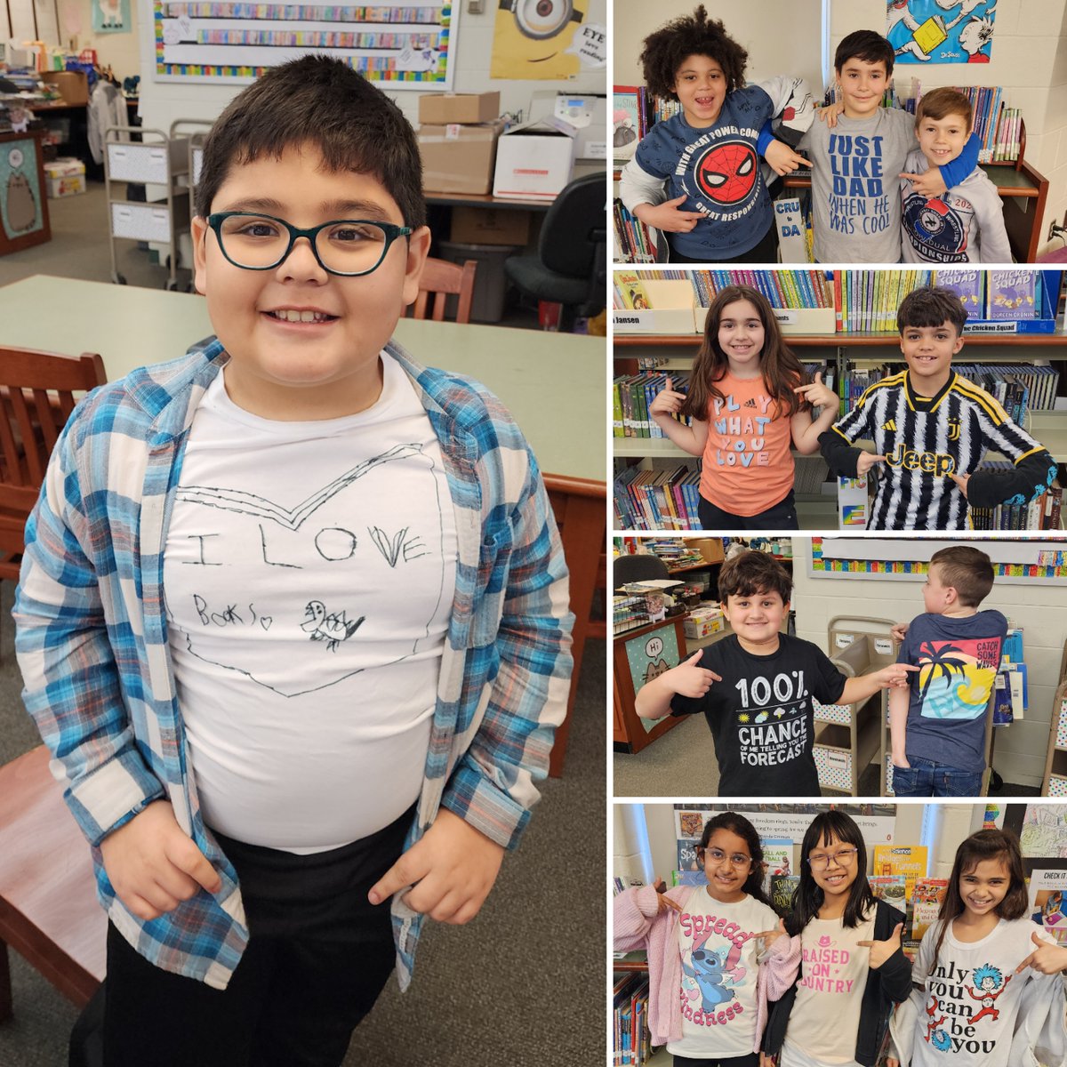Words are everyWEAR!👕 The homemade "I Love Books" shirt is a great example of the school spirit, ingenuity, and love of reading that thrives at OTES! Tomorrow: Fancy party styles as we celebrate stories of all kinds! 📚#OTESLibrary #OTESPride #SpartanLegacy #ReadAcrossAmerica
