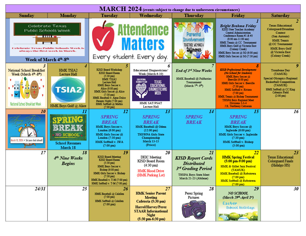 Kingsville ISD on X: "Hello #BrahmaNation! Follow the District-Wide Calendar  of Events for the month of March 2024 and avoid missing any of our district  functions. Events are subject to change due