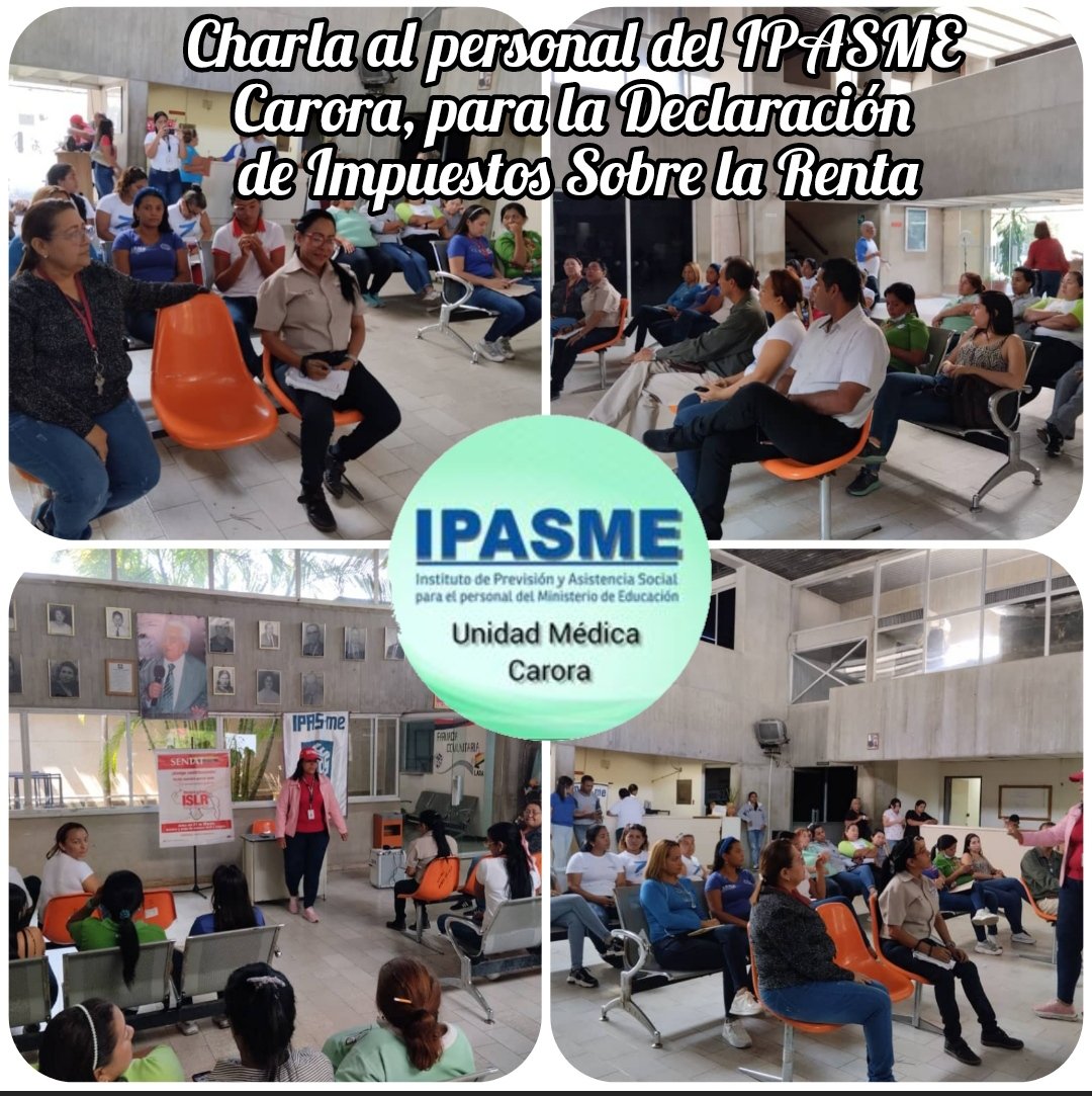 Ipasme_Carora's tweet photo. #6Marzo En articulación institucional @SENIAT_Oficial e @IpasmeOficial  realizaron Charla tributaria al personal de la unidad médica #Carora  relativa a la Declaración del ISLR.
#NadieNosDetiene
¡Vamos es pa' lante!
@NicolasMaduro 
@_LaAvanzadora 
@AdolfoP_Oficial
@CHANDERGIL https://t.co/3rik16eAeg
