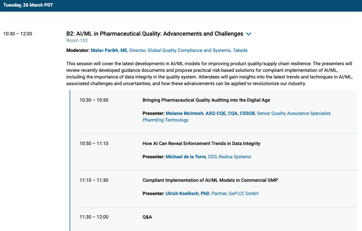 RedicaSystems's tweet photo. We're gearing up for @PDAonline #pdaannual! Our CEO, @mpdelaTorre will be speaking on March 26th during the "AI/ML in Pharmaceutical Quality: Advancements and Challenges" session, between Melanie McIntosh, ASQ-CQE, CQA, CSSGB and Ulrich Köllisch of @GxPCC: https://t.co/ZvVkXWgO3H https://t.co/TTjTzUzB0C