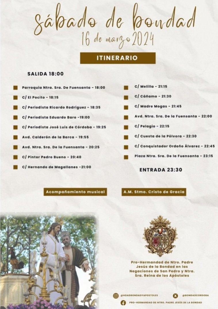 📍Este es el itinerario que seguirá la Pro Hermandad de la Bondad el próximo Sábado 16 de Marzo