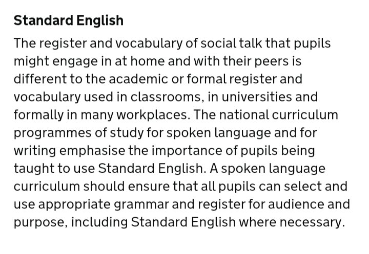 Hutchinsonnet's tweet photo. @Ofstednews Hi @Ofstednews. Could you define spoken Standard English please? Or describe what a student using Standard English in spoken language might do? @ian_cushing https://t.co/fhDQgTlZN4