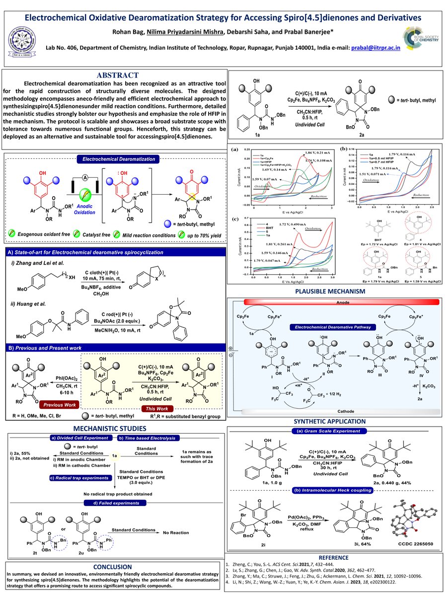NilimaChemistry's tweet photo. Hello everyone! Happy to share our work entitled "Electrochemical Oxidative Dearomatization Strategy for Accessing Spiro[4.5]dienones and Derivatives" for @RoySocChem  Online poster conference #RSCposter2024 or #RSCPoster. Thanks to @RoySocChem https://t.co/ZYs26TURdu