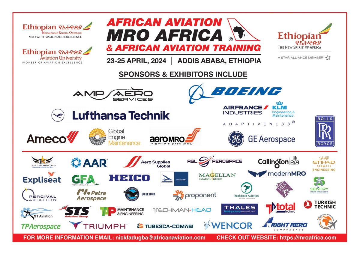 JOIN US for #MROAfrica2024 Incorporating African Aviation Training Conference &amp; Exhibition, which will take place from Tuesday, 23rd to Thursday, 25th April, 2024, at the Ethiopian Skylight Hotel, Addis Ababa, Ethiopia: