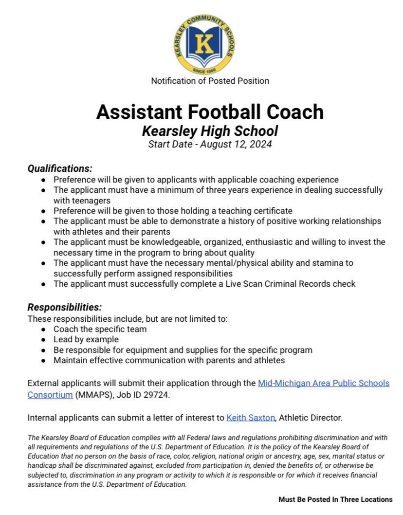 Kearsley Athletics is seeking candidates to fill multiple Assistant Football Coaching positions at the High School level. Teaching and staff positions may be available.