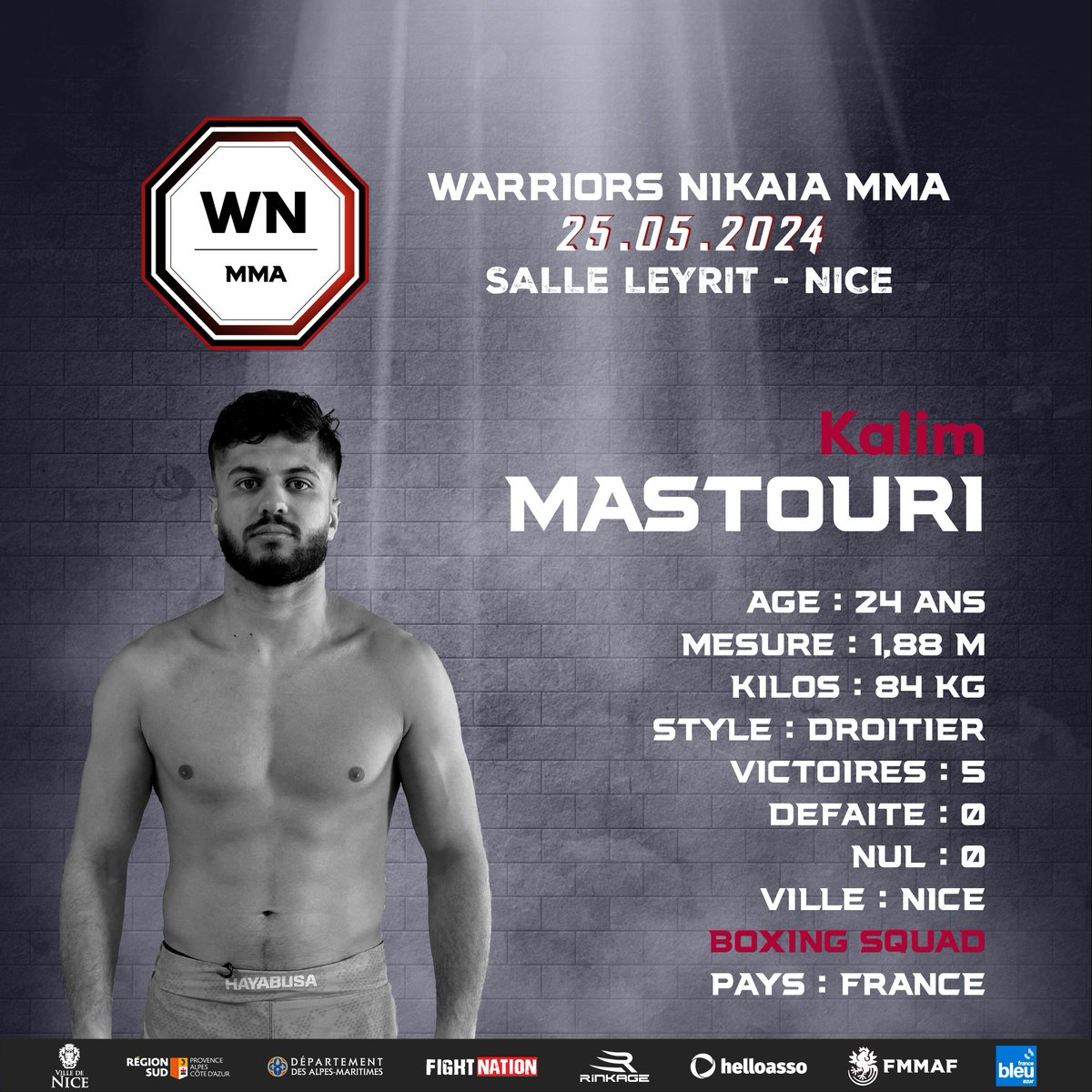 Un nouveau Warrior : Kalim MASTOURI 
. 5-0 en MMA 5 Finish 
. Ceinture noire de BJJ 
. 🥇🥈🥉🥉 aux championnats d’Europe de BJJ 
. Seul français de l’histoire à avoir finalisé un Gracie 
. 12x Champion de France

👉 billetterie : warriorsnikaiamma.com

#warriorsnikaia