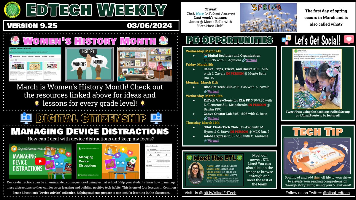 In this week's @AlisalUSD EdTech Weekly you will find Women’s History Month ideas🧕🫶🏼👩‍🦳, Managing Device Distractions lesson from @CommonSenseEd, Meet our newest ETL 👩‍🏫 🌟, PD Opportunities 💻 🏫, Tech Tips 🖥️ 💾, and more! 🌷🦋 Have a dazzling week! 💖 bit.ly/AlisalWeekly