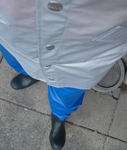 Found this old pic while searching through my rainwear archive  📷  
-Me exactly 10 years ago (20 years old) in my lovely silver raincoat and soft blue pvc rainpants 🩶💙 miss that outfit 😕 #rainwearfetish